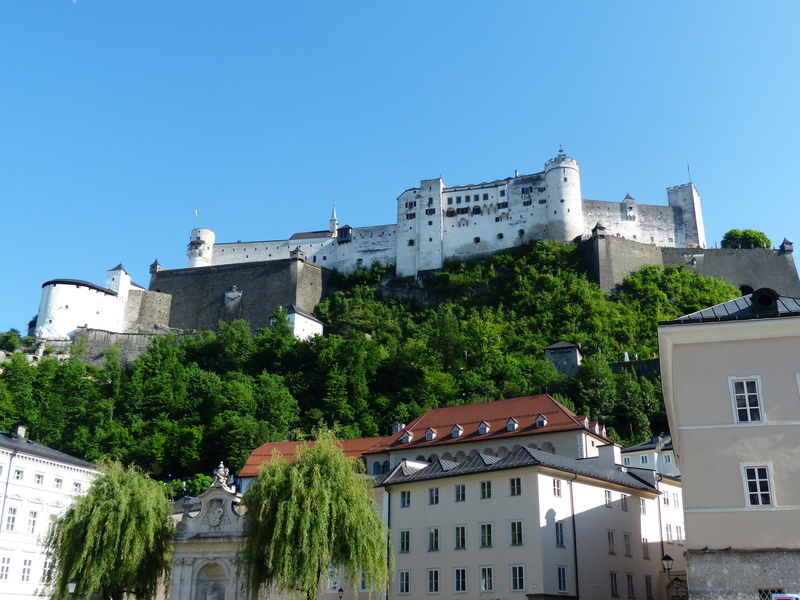 day, salzburg, town hill, castle, architecture, battlements, crowd puller, the past, blue, 4K, tourist attraction, fortress, nature, low angle view, location