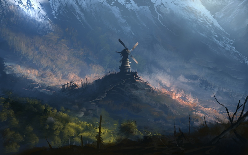 Landscape, Mountains, by Denis Loebner, Forest, Windmill, Fantasy, Mill, Forgotten windmill, Denis Loebner, 1080P, Forgotten mill, Art
