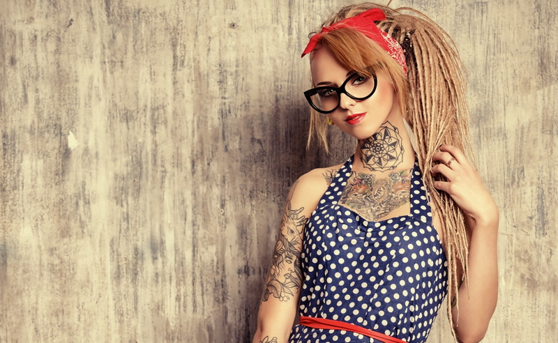 Girls, indoors, eyeglasses, devusa, tattoo, front view, s, polka dot, hairstyle, glasses, dress, beauty, standing, girl, sleeveless, 2K, white, adult