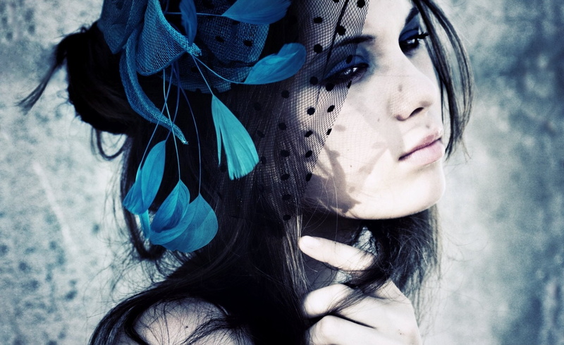 hair, 1080P, young women, adult, head, black, headshot, front view, scarf, black hair, Girls, dress, contemplation, feather, s, blue, lifestyles, young adult