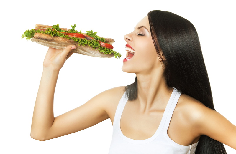 young women, lunch, women, mouth open, smiling, dieting, tank, beautiful woman, caucasian Ethnicity, meal, holding, s, snack, human Face, white Background