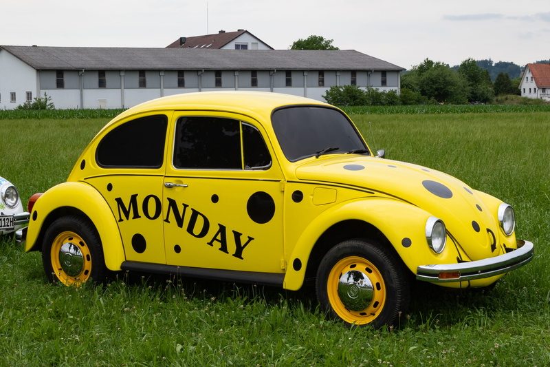 volkswagen, yellow, auto, no people, days of the week, retro, land, beetle, nature, building, pkw, car, days, grass, mode of transportation, outdoors, classic