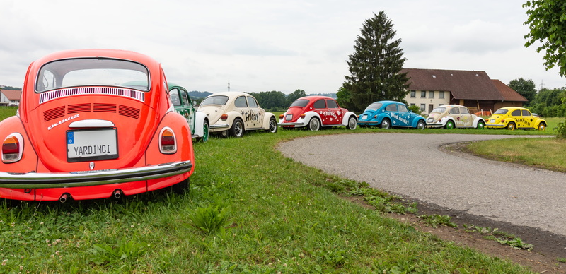 retro, vehicle, house, land vehicle, cloud - sky, architecture, building, sky, vw, landscape, automotive, built structure, green color, no people, vw beetle
