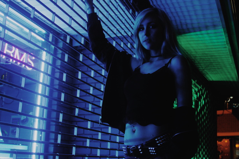 night, women, clothing, woman, neon, portrait, waist up, stomach, building, hairstyle, fashion, black, beauty, lighting, neon light, young women, spaghetti