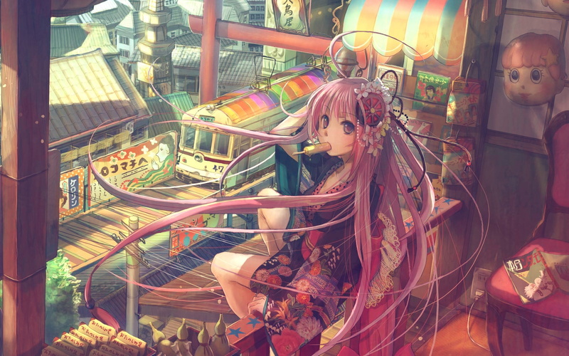 4K, anime, drawing, icecream, blue, art, girl