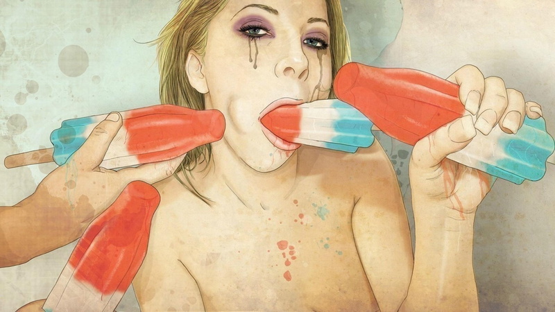 indoors, front view, one person, Dark, Creams, blond hair, girl, headshot, messy, Icecream, holding, hairstyle, looking at camera, abstract, beautiful people