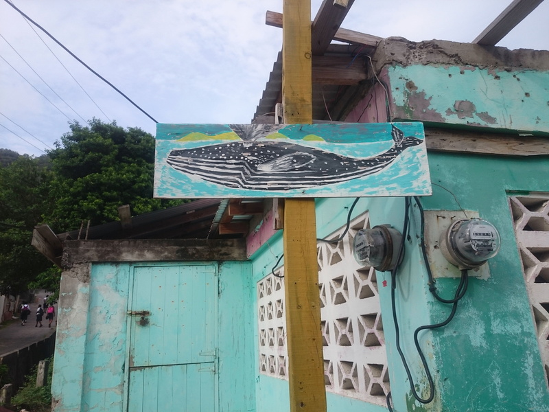 house, sky, tropical islnd, outdoors, low angle view, no people, metal, architecture, door, whale, built structure, blue, hanging, caribbean, saint vincent and the grenadines