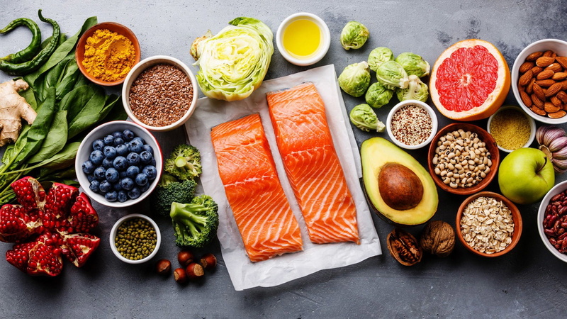 salmon, blueberries, 1080P, broccoli, ginger, cabbage, nuts, grapefruit, fish, seasoning, avocado, garnet