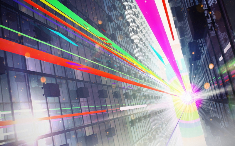 building, night, architecture, city street, office building exterior, lens flare, data, light trail, information Medium, built structure, traffic, motion