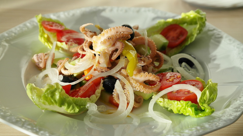 octopus, vegetable, food, paprika, tomato, delicious, calamari, fruit, plate, fish, salad, dairy product, appetizing, indoors, eat, greek food, dinner