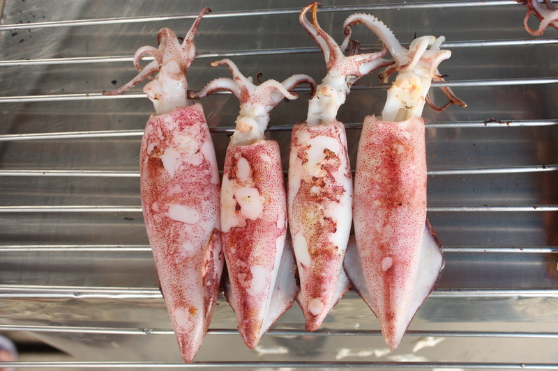 dish, healthy eating, foodstuff, preparation, close-up, grill, raw food, thailand food, squid, squids, pork, metal, hanging, seafood, chanthaburi, thailand