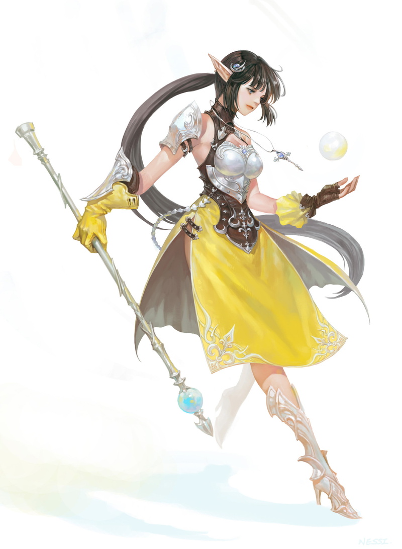 fantasy art, 2K, Nessi, artwork, digital art, necklace, white background, dress, women, long hair, elves, brunette, spear, fantasy girl, illustration