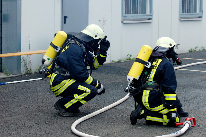 security, real people, yellow, two, headwear, full length, men, firefighter, suit, rescue, hose, danger, crouching, clothing, accidents and disasters, 1080P