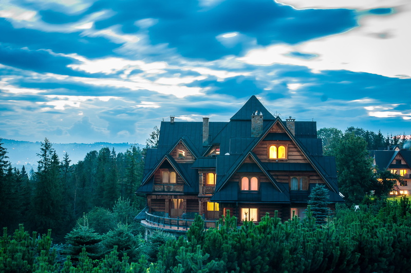 black, built structure, cottage, nature, mountains, 4K, buried, beauty in nature, growth, forest, dusk, outdoors, brown, tranquility, trees, sky, architecture