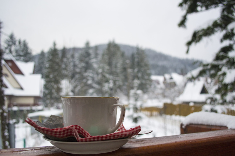 Winter, mountain, Teacup, drink, outdoors, the drink, tea cup, Tea, snow, relaxation, no people, focus on foreground, plant, 4K, porcelain, wood - Material