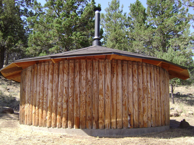 tree, sky, building, cabin, built structure, forest, day, high desert, old, nature, sweat lodge, growth, field, sunlight, building exterior, plant, wood - material