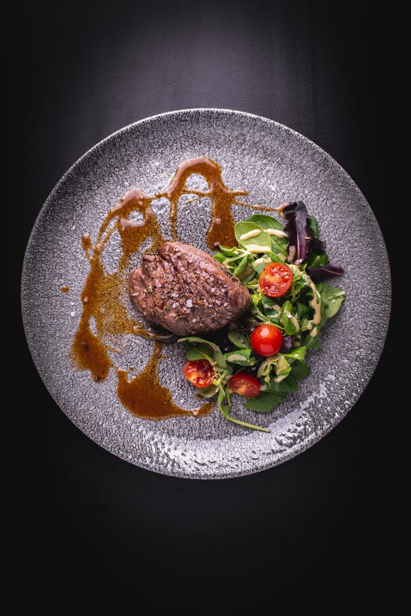 no people, indulgence, fruit, temptation, indoors, pictures of food, plate, ready-to-eat, healthy eating, close-up, food and drink, 5K, beef steak, tomato