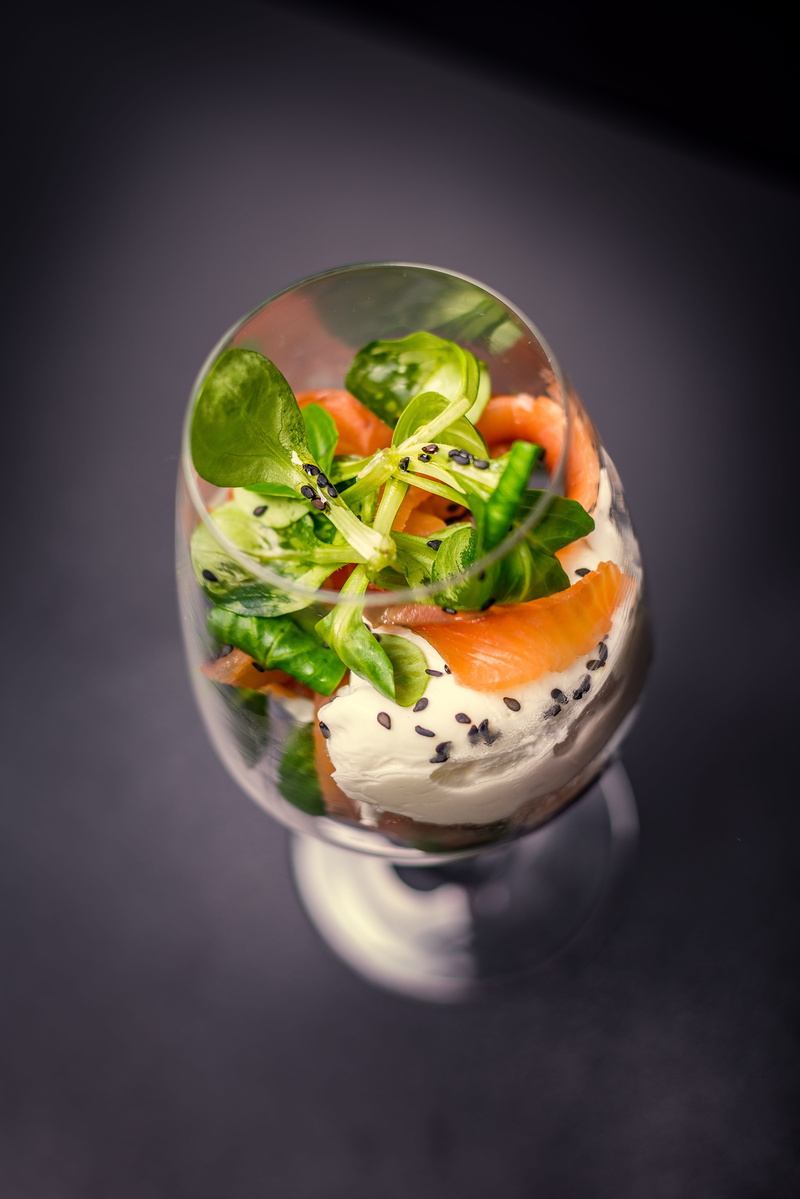salmon, fruit, serving size, gray background, high angle view, bowl, still life, herb, black background, vegetable, wellbeing, veiled eggs, mint leaf - culinary