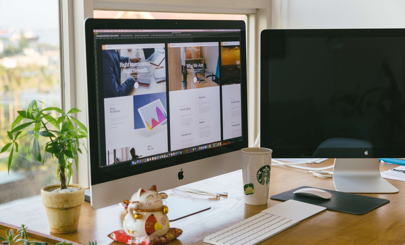 domestic room, food and drink, working, monitor, magic mouse, 4K, wireless technology, vase, computer, window, desk, plant, apple, container, no people