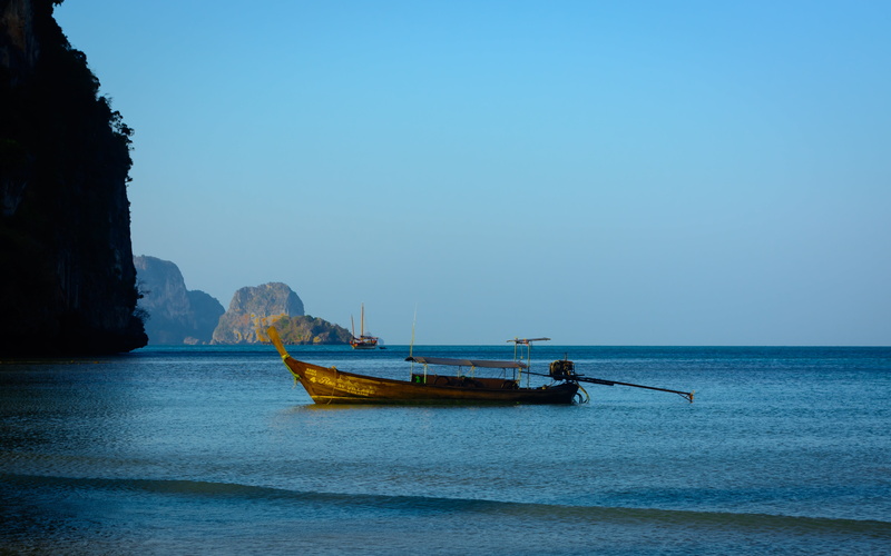 tree, hill, outdoor, cliff, longtail boat, mountain, oriental, summer, brown, day, transportation, non-urban scene, sky, horizon, asia, island, tranquil scene