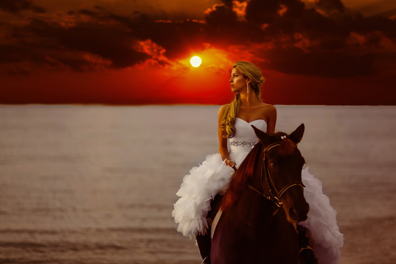 livestock, sky, cloud - sky, horseback riding, land, mood, sunset, riding, outdoors, women, horse, pets, water, girl, horizon over water, dress, sea, beach
