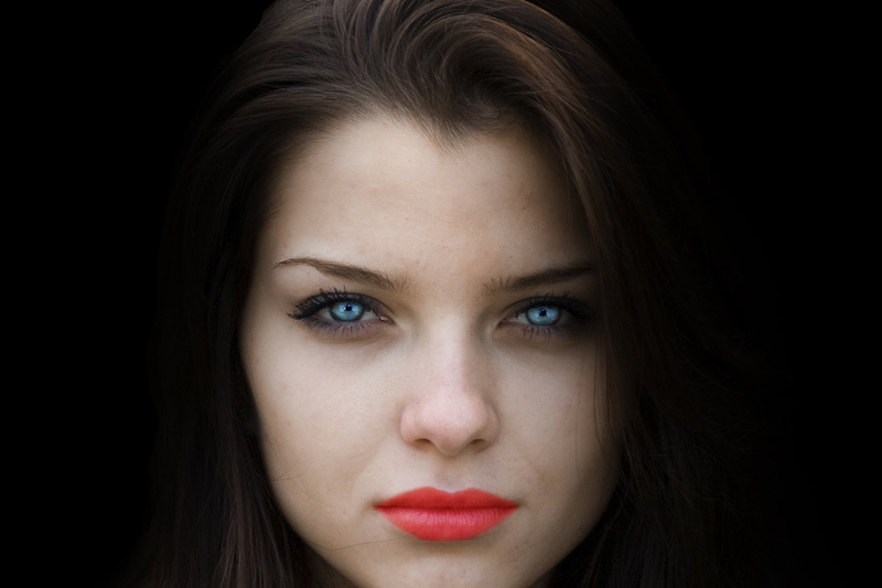 brown Hair, women, adult, human body part, red lips, females, body part, uncertainty, blue eyes, black Background, human lips, 2K, contemplation, young women