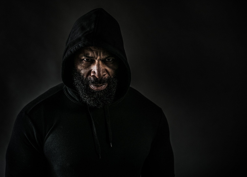 Plush beard, City Fletcher, bodybuilder, black background, hood, CT Fletcher, 1080P, pose, muscle, look