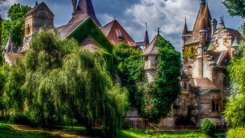 facade, vajdahunyad castle, castle, grass, chateau, trees, city park, 1080P, pest, budapest, building, hungary, mansion, historic site