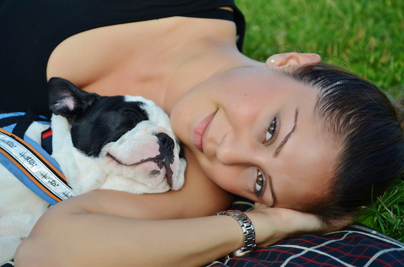 female, black and white, french bulldog, face, one animal, bulldoig, dirt, animal theme, positive emotion, hairstyle, lying, girl, pet owner, emotion, mammal