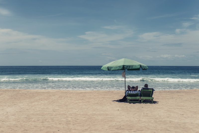 ocean, lounge chairs, sea, 2K, seashre, lifestyles, two, trip, outdoors, tropical, tranquil scene, green, parasole, shed, person, scenics - nature, tranquility
