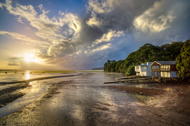 wet, house, built structure, architecture, ocean, building exterior, beauty in nature, wooden, coast, boat shed, white, shoreline, sunset, sea, nobody