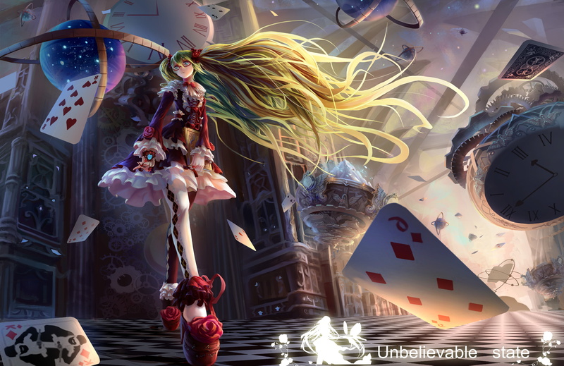 gait, magic, book, hatsune miku, watch, card, globe, 2K, Vocaloid, art, neko-mura ikkro, girl
