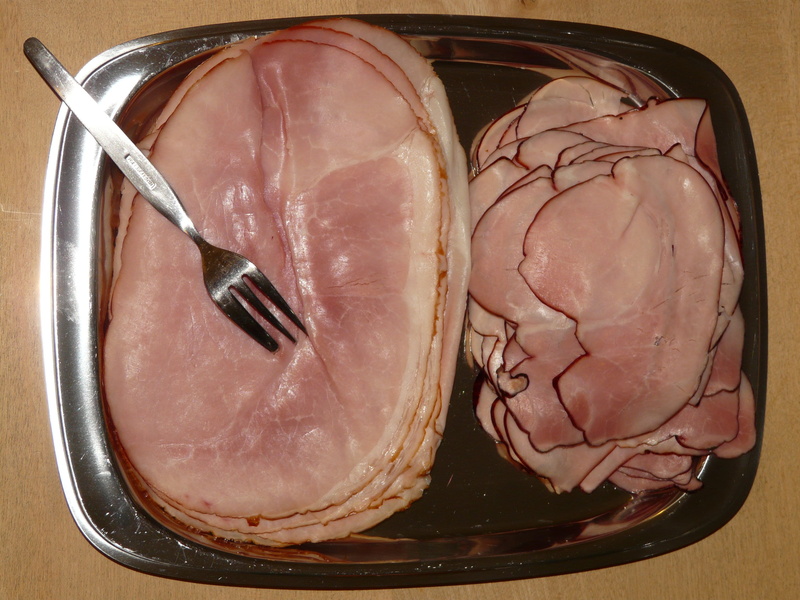 ham, table, directly above, sausage, close-up, plate, kitchen utensil, tray, indoors, healthy eating, fork, high angle view, juniper ham, cooking ham, ham plate