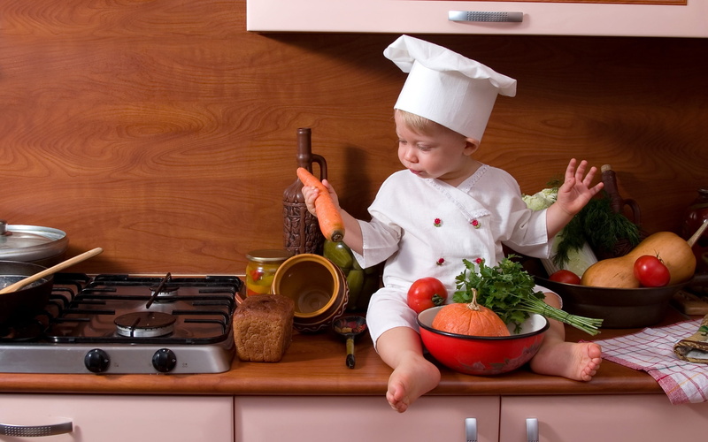one Person, kitchen Utensil, vegetable, household equipment, recipe, holding, girls, dough, baby, chefs hat, red, kitchen, table, making, fun, cheerful