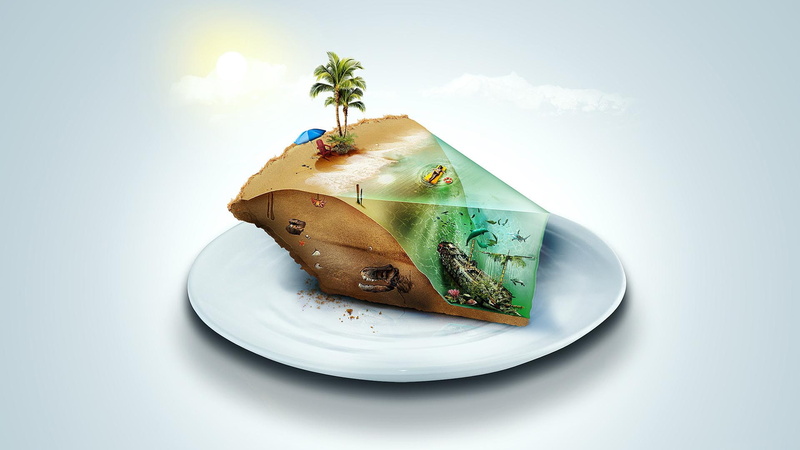 beach, slice, cake, theme, little, little slice of paradise, 1080P, paradise, hd, underwater