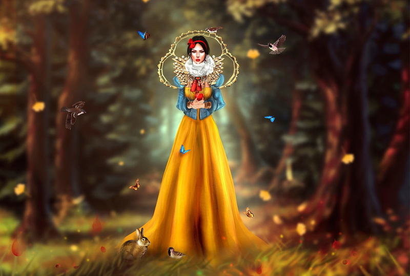tree, beautiful woman, clothing, full length, headdress, adult, front view, artwork, fantasy art, one person, character, women, hairstyle, traditional clothing