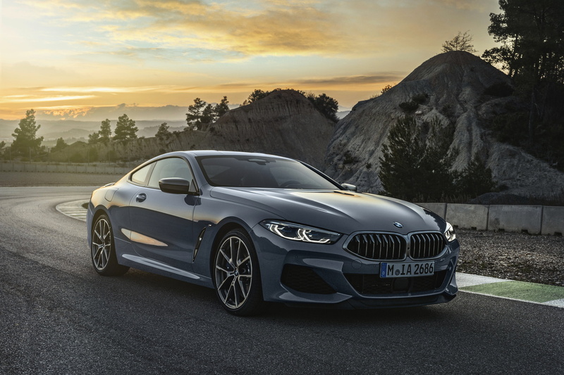 gray-blue, 4K, vegetation, G15, hills, pale blue, 2018, Eight, BMW, sunset, Coupe, 8-Series, M850i xDrive
