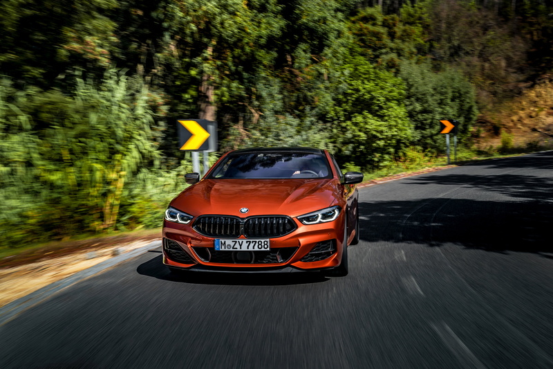signs, dark orange, turn, Eight, 2018, road, M850i xDrive, trees, 4K, 8-Series, G15, Coupe, BMW