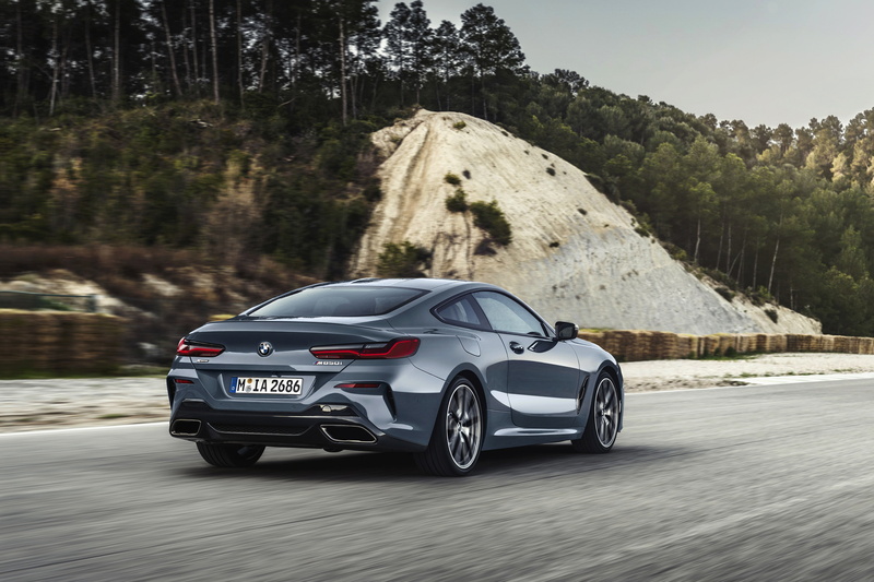 hills, movement, 4K, back, trees, Eight, M850i xDrive, 2018, 8-Series, road, G15, Coupe, gray-blue, vegetation, BMW, pale blue