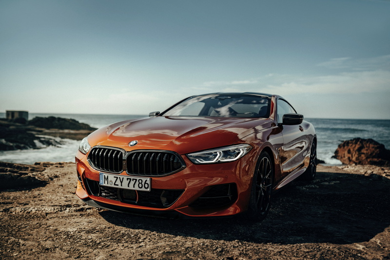 shore, BMW, rocks, dark orange, 2018, 8-Series, Eight, M850i xDrive, 4K, G15, Coupe