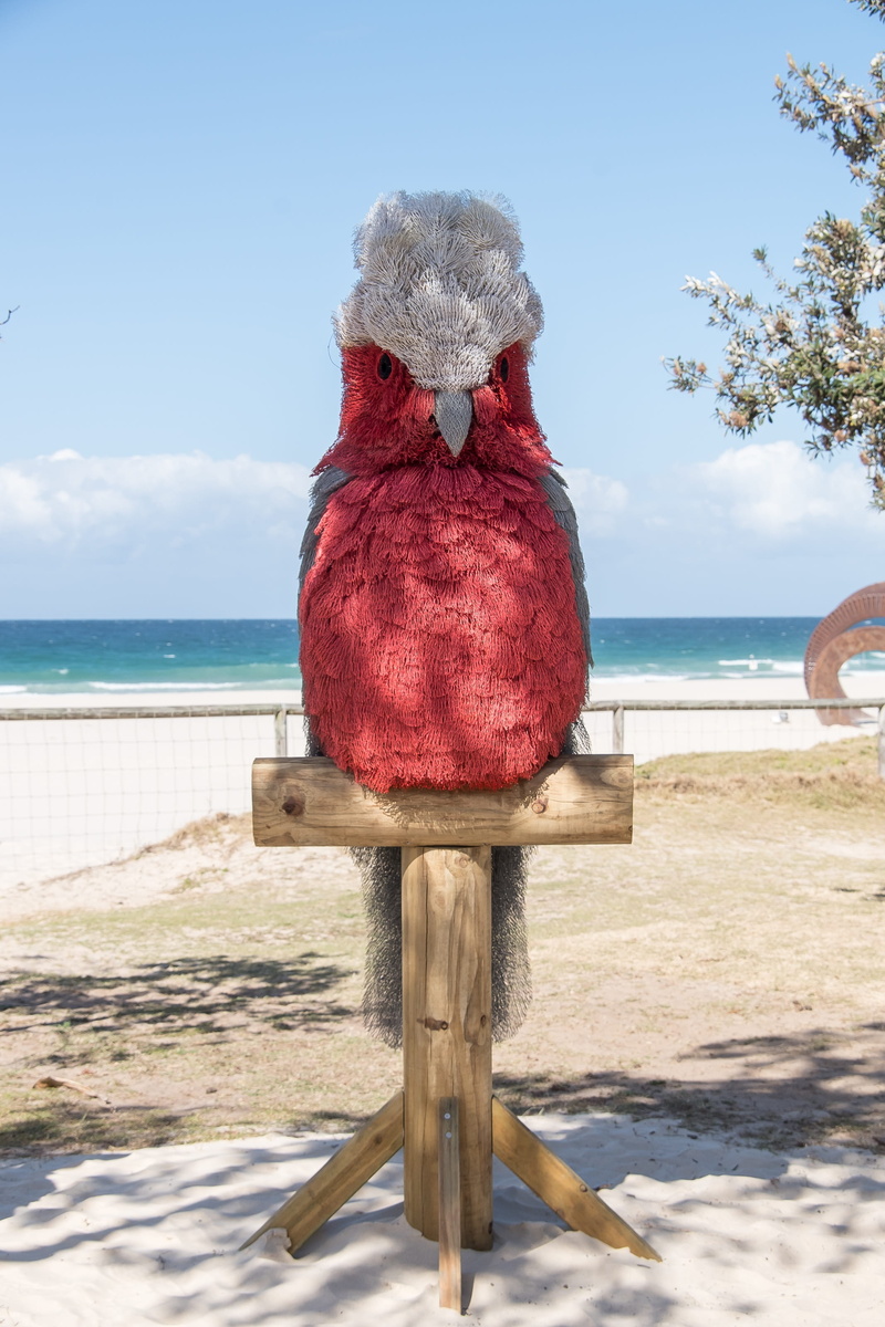 beach, tranquil scene, nature, cloud - sky, horizon over water, galah, wire netting, sea, sky, parrot, tranquility, exhibition, large, modern, red, metal