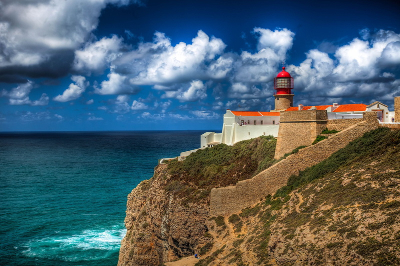 built structure, vacations, blue, land, sea, scenics, tower, history, rock - Object, coastline, architecture, landscape, Cabo de Sao Vicente, famous Place