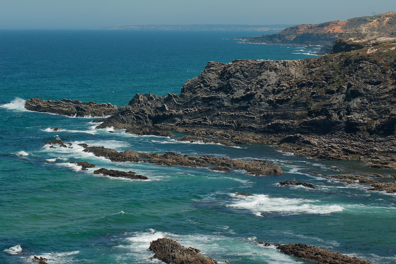 sea, horizon, blue, rock - Object, 2K, no People, rocky coastline, tranquility, eroded, Portugal, horizon over water, erosion, land, solid, beach, rock