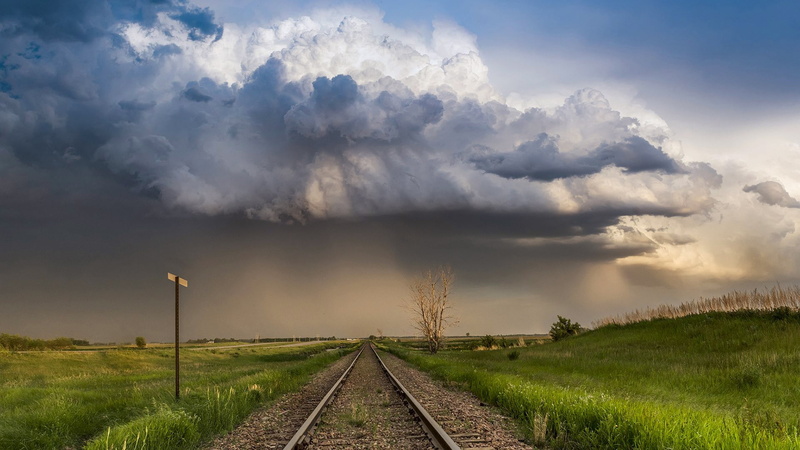 sky, beauty in nature, nature, diminishing perspective, transportation, environment, landscape, stormy, rail transportation, power in nature, direction