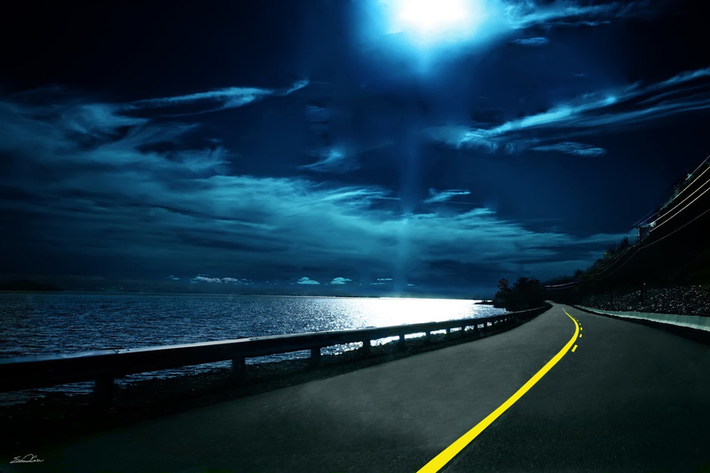 scenics, Cloud, horizon, transportation, blurred Motion, asphalt, sky, Water, blue, direction, street, dark, cloud - Sky, vanishing Point, power in nature