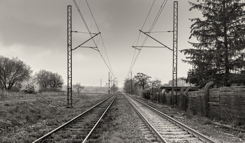 rail transportation, diminishing perspective, connection, day, transportation, tree, cable, railroad track, no people, tracks, plant, outdoors, the way forward