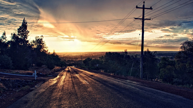 sky, connection, sunset, electricity pylon, vanishing point, no people, road, diminishing perspective, track, electricity, road trees asphalt sunset clouds photo manipulation hdr