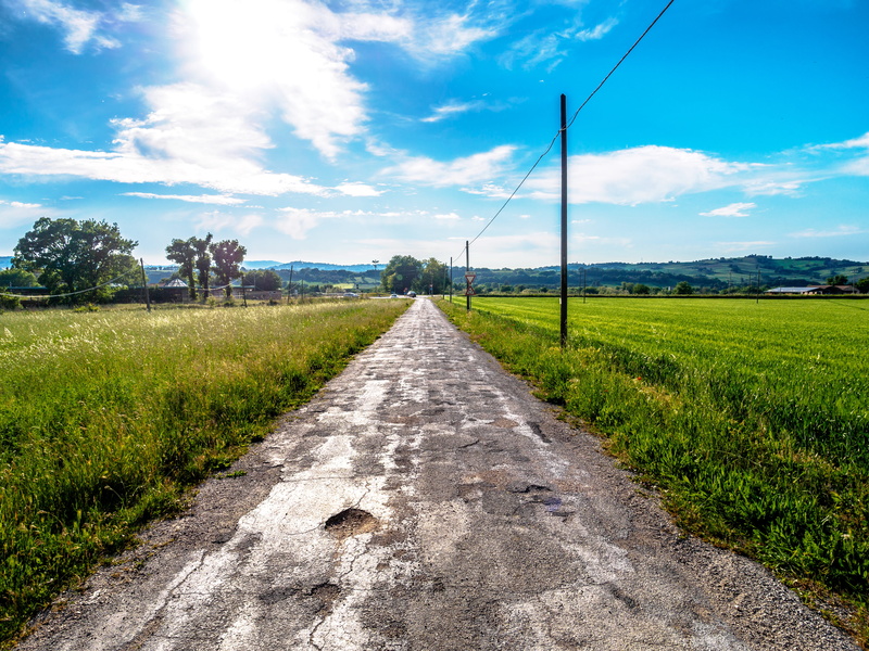 vanishing point, road, electricity, land, plant, landscape, sky, diminishing perspective, nature, tranquil scene, environment, street, country, 5K, field