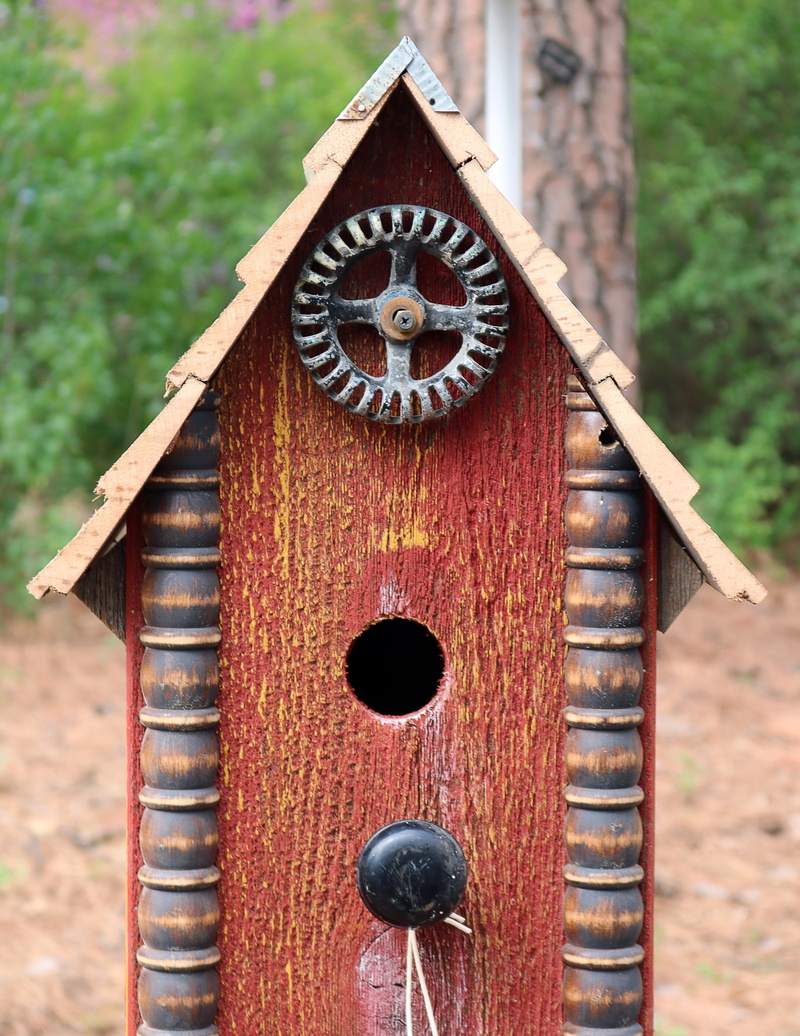 bird house, pattern, wood - material, outdoors, house, architecture, 5K, art and craft, red, building, animal themes, built structure, artsy, day, metal