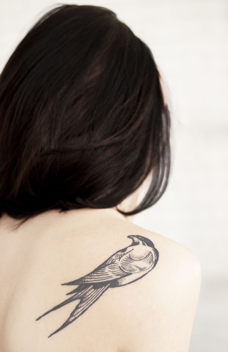 artistic, indoors, shoulder, right, adult, beautiful woman, human hair, black hair, tattooed, s, hairstyle, body part, hair, studio shot, back, tattoo